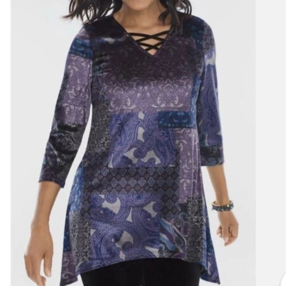 Chico's Dark Blue Patterned Velvet Tunic Top Size Large